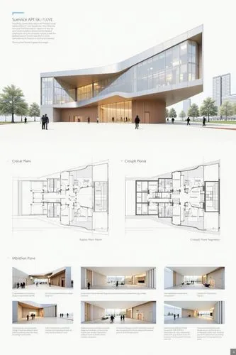 A professional architectural presentation board with a Pure background and a clean, minimalist design layout. The board includes:

Top Section: On the top left, a photorealistic render of a contempora