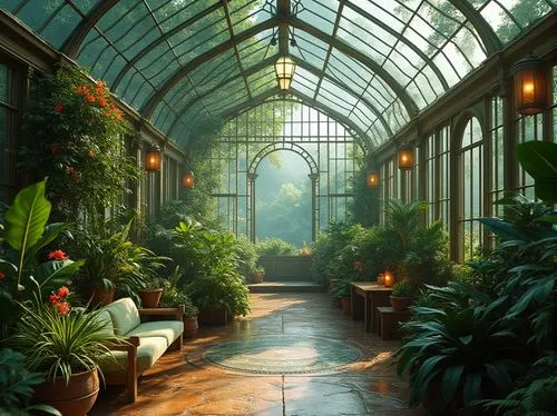 Luxurious greenhouse, bronze framed structure, vibrant green glass roof, lush tropical plants, exotic flowers, natural stone flooring, wooden accents, warm bronze lighting fixtures, comfortable seatin