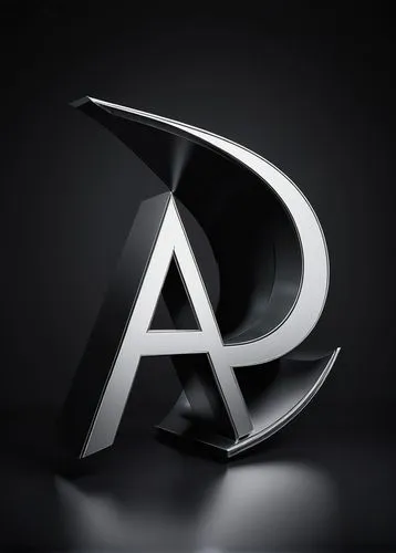 Modern futuristic architecture logo, stylized letter "A", 3D metallic structure, sleek lines, minimalist design, silver and black color scheme, reflective surface, abstract geometric shapes, intricate