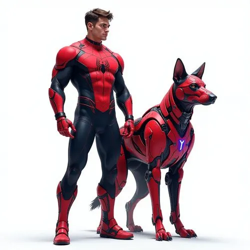 "A futuristic strong and confident male spiderman character standing beside a spiderman style cybernetic-enhanced German Shepherd. The man is wearing a sleek, form-fitting red and black suit with spid