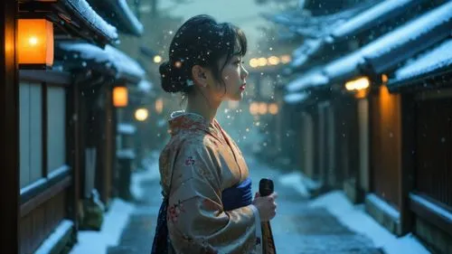 Kyoto night low lights, snow falling,a geisha woman dressed in traditional japanese attire is standing outside with snow on the ground,night snow,midnight snow,winter night,in the snow,geisha,snow sce