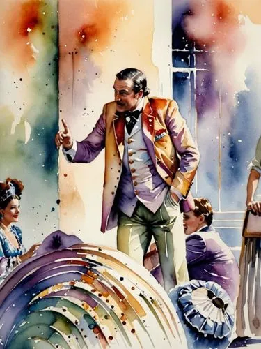 Театральный костюм,watercolor painting of a man pointing to a building,watercolor painting,operetta,vintage illustration,concerto,watercolor,waltz
