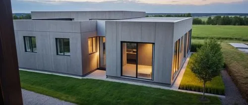 a modern home surrounded by grass in the evening,modern house,cube house,cubic house,modern architecture,danish house,frame house,dunes house,smart home,contemporary,inverted cottage,timber house,fold
