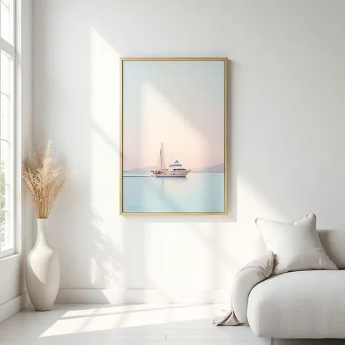 delicate elegant painting on white wall,pastel colors and gold and blue, simple slim gold frame, frontview, vertical,lineart,abstract santorini homes
,a room with a couch and a poster hanging above it