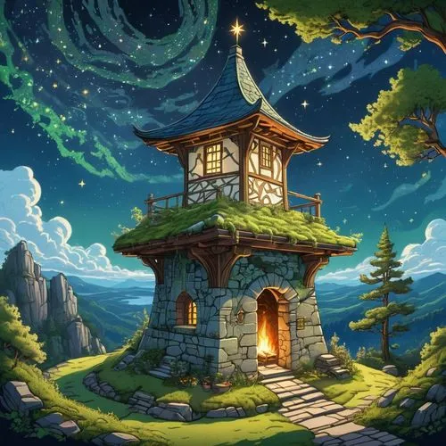 Description: A small observation tower built of light-colored stone under a star-filled night sky, a green roof covered in shimmering moss, wooden beams carved with celestial symbols, narrow openings 