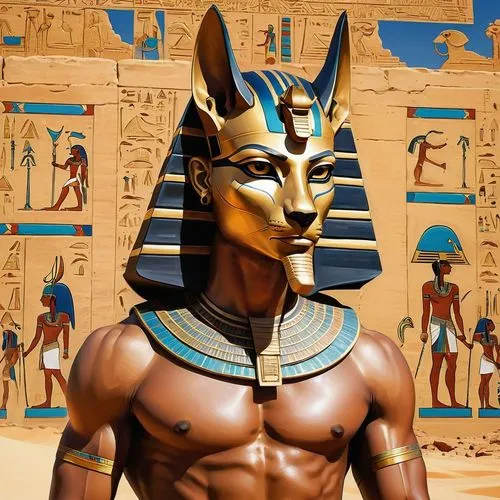 Anubis, represented by the head of a jackal, takes on a muscular male human body and looks at the mask of Tutankhamun, in the background a large wall adorned with brightly colored Egyptian hieroglyphi
