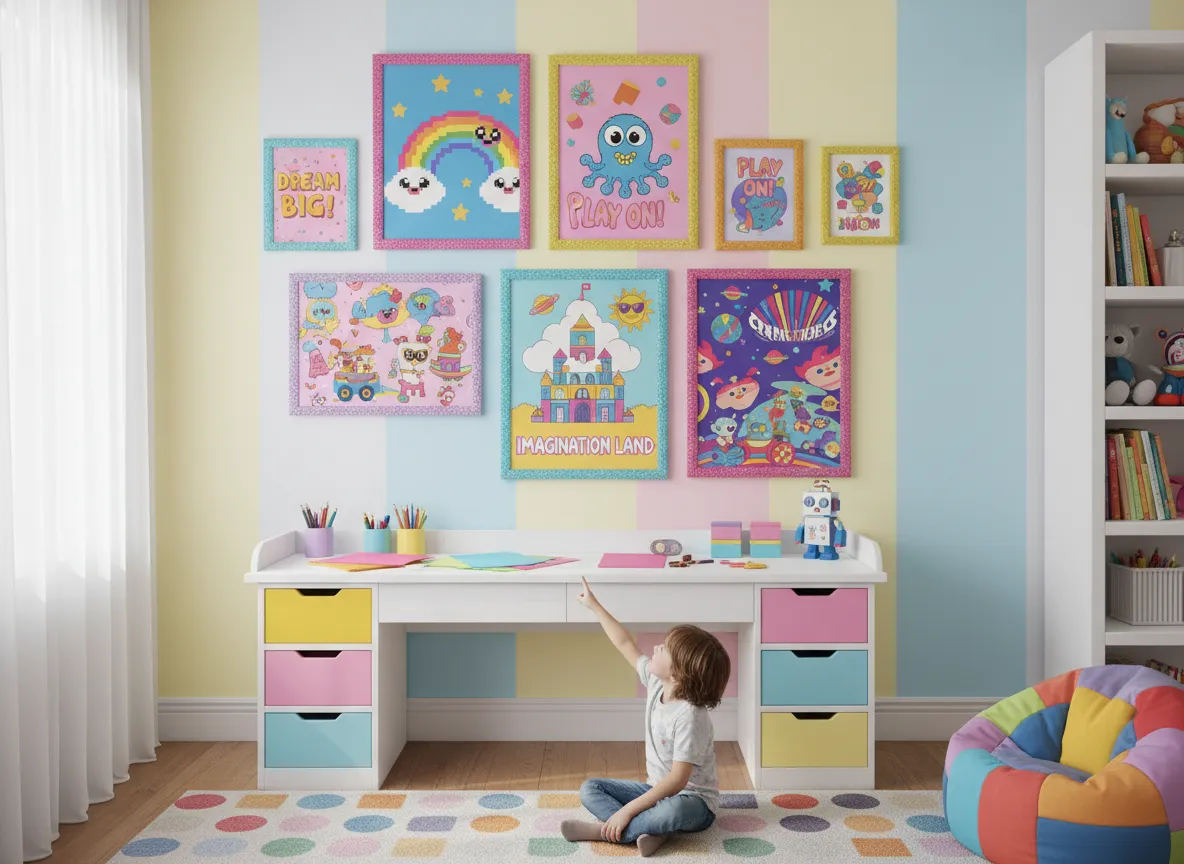 PromeAIでデザインされた、額装された数枚のKidcoreポスターで飾られた子供部屋のライフスタイル写真。