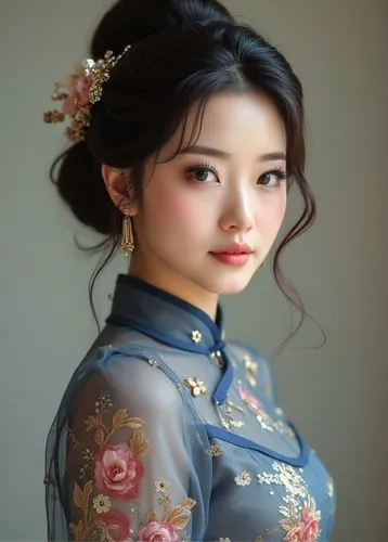 一位端莊優雅美豔女性，中國傳統髮型、華麗髮飾，白皙的皮膚，美麗的臉，濃眉大眼、長睫毛、細節豐富高品質，華麗，冷艷，8k，超細節，華麗光影，細緻裝飾，細緻線條，半身照，皮膚光滑細緻。
現代旗袍抹胸裙套裝將中國漢服的優雅與美國時尚風格融為一體。
顏色:黑、藍、白、青花、粉玫色
特色 - 抹胸精緻度：以現代抹胸為焦點，將美式時尚的時尚與傳統韓服的優雅融為一體。
試著領口的變化和複雜的細節，捕捉兩種文化的