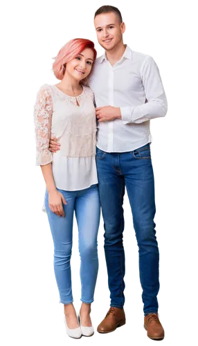 Romantic couple, embracing, love theme, soft pink hair, sweet smile, gentle eyes, tender makeup, white blouse, red rose in hand, jeans, casual shoes, warm sunset lighting, 3/4 composition, shallow dep