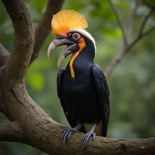 Close shot of a Great Hornbill (concave-casqued hornbill, great Indian hornbill) sits on a tree branch,an exotic bird with a yellow crown on top of it,malabar pied hornbill,toucan perched on a branch,