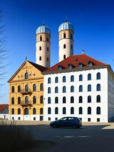 Street front of a large traditional cotton mill in southern Germany.,a parked car sitting in front of a tall building,osterburg,moritzburg castle,moritzburg palace,torgau,moritz castle,schloss bensber
