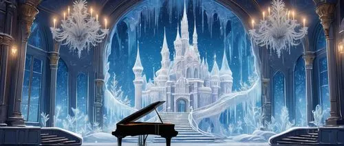 Frozen palace of sound, grandiose music hall, intricate ice sculptures, delicate frost patterns on glass windows, shimmering icicle chandeliers, majestic stairs leading to a frozen lake, misty atmosph