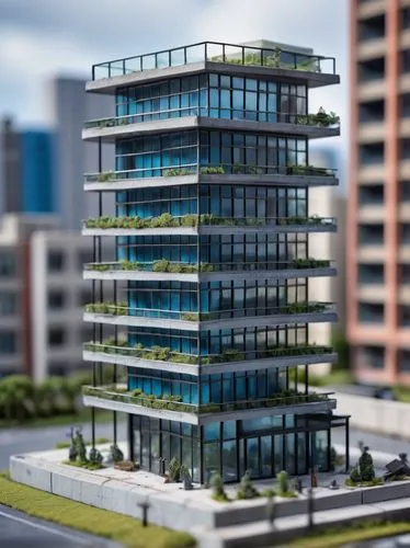 Miniature, 1/10 architectural scale, detailed building model, modern skyscraper, glass curtain walls, sleek metal frames, intricate roof details, tiny windows, minute balconies, realistic textures, ur