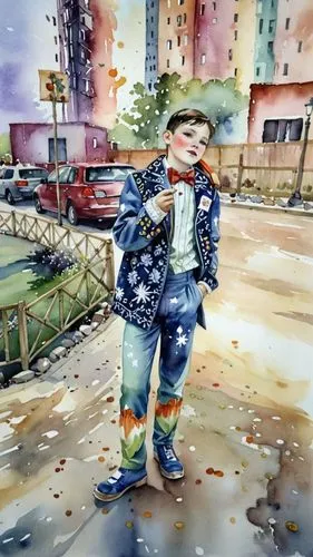 Мальчик в театральном костюме,a painting of a  in winter clothes,watercolor background,watercolor painting,watercolor,watercolor tea,water color,watercolor sketch