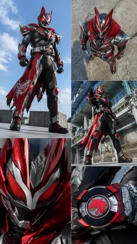 Kamen Rider with a red wolf theme and styling,   ,a character from the video game soul of the universe,magneto,red super hero,core shadow eclipse,magneto-optical disk,red chief,sky hawk claw,red motor