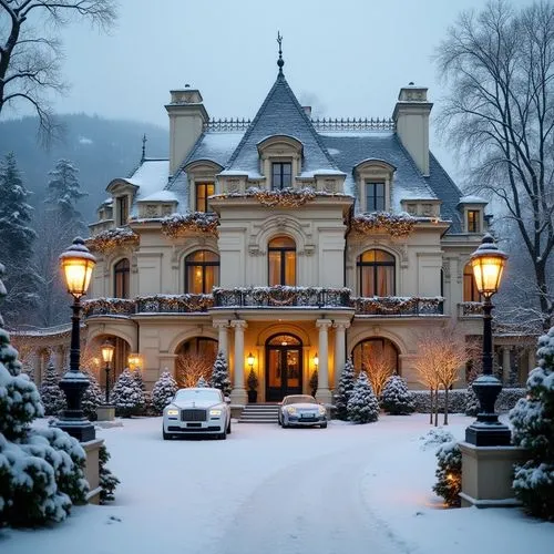 Snow-covered luxury mansion in a French neoclassical style, surrounded by a serene winter landscape. The mansion features a light cream facade with intricate columns, ornate moldings, and tall arched 