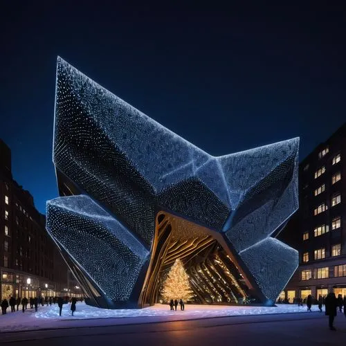 Christmas Zaha Hadid design inception architecture with glowing star on top with christmas light all over the architecture in New York City experience designed to be entered and explored. Explore how 
