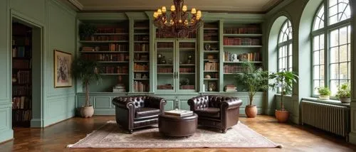 A refined and traditional indoor space, featuring an expansive bookshelf painted in soft sage green, perfectly harmonized with warm wooden floors. The design incorporates classic details like arched w