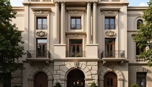 Grandiose Neoclassical facade, ornate columns, intricately carved details, symmetrical composition, majestic entranceways, rusticated stone walls, arched windows, balconies with intricate metalwork, c