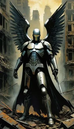 un angel de acero y partes humanas, está en una ciudad destruida ,a man in an armor standing next to a building,the archangel,archangel,dark angel,crusader,magneto-optical disk,angel of death,angels o