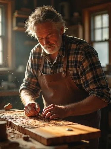 A middle-aged male woodworker in his sunlit workshop. He has weathered hands and a focused expression as he carefully carves intricate details into a piece of rich mahogany. His salt-and-pepper beard 