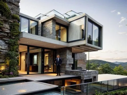 Futuristic cliffside villa, organic fluid architecture, glass walls, titanium textures, moss biopanels, spiral skylight, hovering terraces, translucent concrete, ambient lighting, sci-fi nature blend,