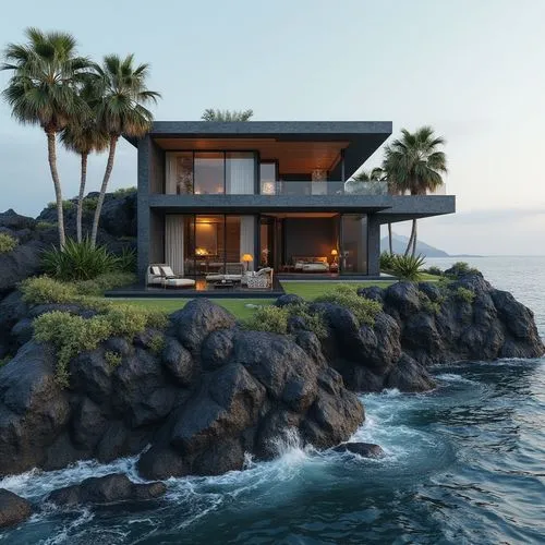 Develop a villa on a volcanic island with black basalt walls, minimalist interiors, and infinity views of the ocean,a large modern home built on the side of a cliff,house by the water,oceanfront,beach