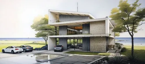 a painting of a house by the water,dunes house,cubic house,modern house,residential house,house by the water,inverted cottage,house with lake,modern architecture,cantilevered,cantilevers,renders,holid
