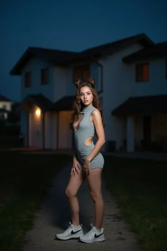 The image is a nighttime photograph featuring a young woman standing outdoors in front of a dimly lit, white, two-story house. The sky is dark blue, suggesting either early evening or night. The woman