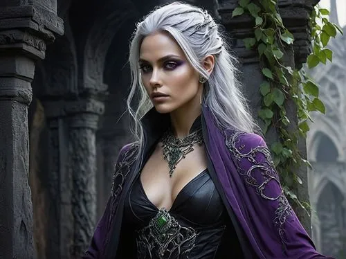 Mysterious Mazikeen, ancient being, humanoid, slender build, pointed ears, piercing green eyes, pale skin, flowing silver hair, intricate black and purple tattoos, ornate dark robes, mystical aura, wi