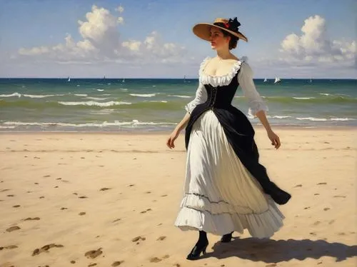 Painting in Jean Beraud's style featuring a woman of the 19th century on a sunny and windy day. high resolution and visible brushstrokes,a woman in an elegant dress and hat on the beach,beach landscap