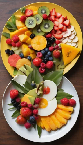 Mood: Excited. Setting: Tropical. Element: Fresh fruit. Create a mouthwatering breakfast dish using a variety of tropical fruits.,fruit plate,fruit platter,salad plate,fruit slices,fruit bowls,cut fru