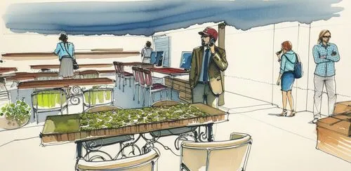 Copic markers style,renderings,sketchup,school design,roof terrace,watercolor cafe,mipim,roof garden,collaboratory,penthouses,seating area,terrasse,watercolor tea shop,habitaciones,bandstands,charrett