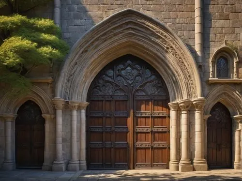 Romanesque architecture, medieval, stone building, rounded arches, vaulted ceiling, ribbed dome, ornate carvings, gargoyles, grand entrance, heavy wooden doors, iron hinges, stained glass windows, int