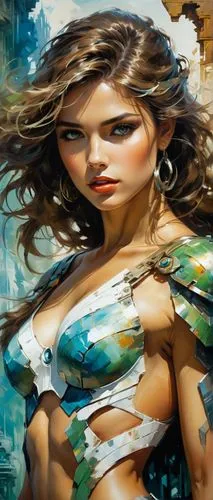 painting of a girl in armor with her hair in half up, she is looking to the side,fantasy art,amphitrite,mermaid background,viveros,adnate,fantasy woman,inanna,art painting,nereids,promethea,the sea ma