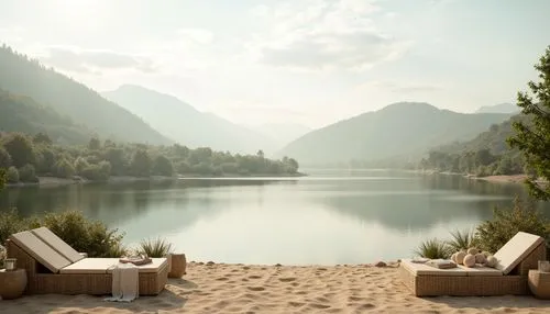 Soothing serenity atmosphere, calming misty mountains, gentle rolling hills, peaceful lake reflections, soft whispering wind, serene cloud formations, creamy white fog, pale blue skies, warm beige san