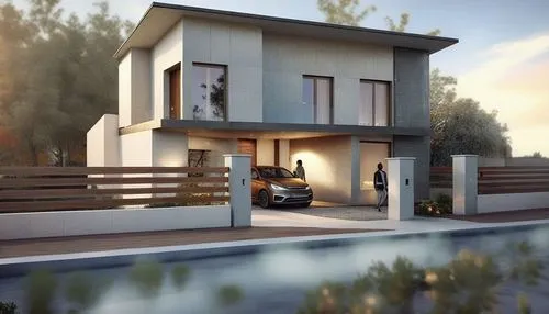 a rendering of a house with a car parked in front,prefab,residential property,prefabricated buildings,prefabricated,modern house,render