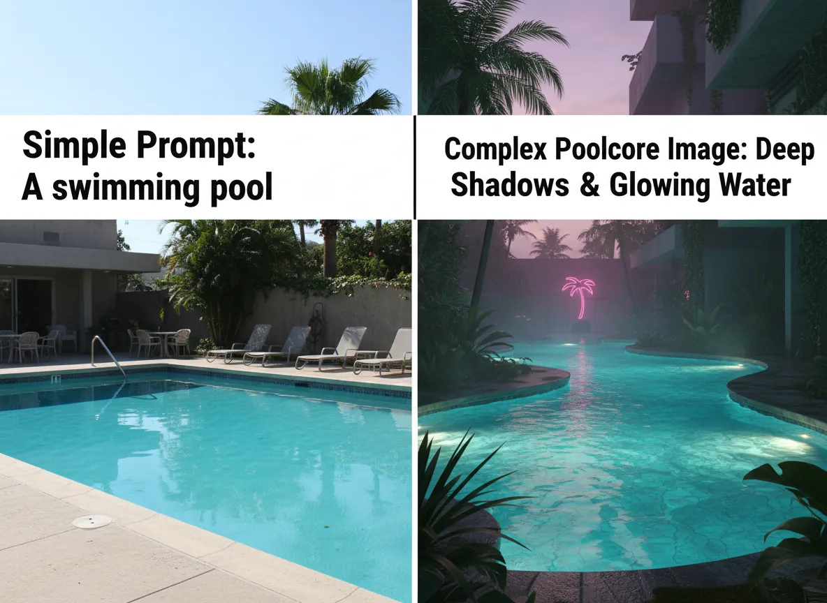 Confronto fianco a fianco che mostra un prompt semplice e l'immagine Poolcore complessa risultante, con ombre profonde e acqua luminosa.