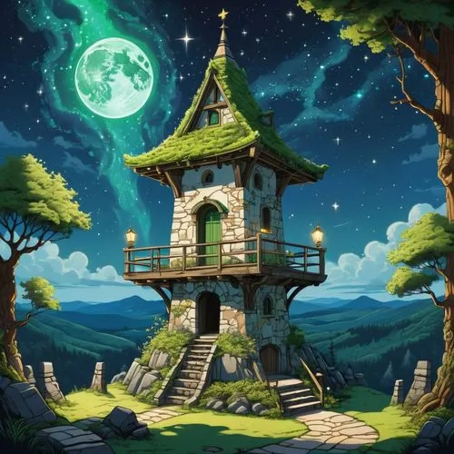 Description: A small observation tower built of light-colored stone under a star-filled night sky, a green roof covered in shimmering moss, wooden beams carved with celestial symbols, narrow openings 