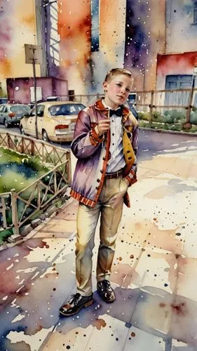 Мальчик в театральном костюме,a painting of a little boy standing on a street corner,toddler walking by the water,watercolor painting,watercolor background,watercolor,toddler in the park,violinist