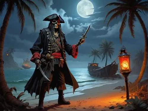 Undead pirate, skeletal face, glowing red eyes, bandana, torn black coat, worn leather boots, rusty sword, treasure map, old parchment, mysterious lantern, dimly lit, spooky atmosphere, eerie mist, ab