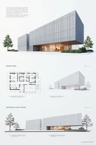 A professional architectural presentation board with a Pure background and a clean, minimalist design layout. The board includes:

Top Section: On the top left, a photorealistic render of a contempora
