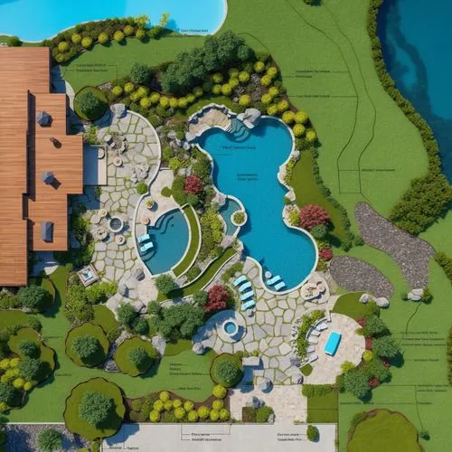 this is a detailed plan for an estate,resort,outdoor pool,golf resort,lifespring,swimming pool,overhead view