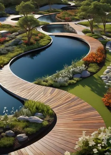 Eco-friendly, sustainable, futuristic landscape architecture, lush greenery, curved lines, organic shapes, natural materials, wooden accents, solar panels, wind turbines, modern sculptures, vibrant fl