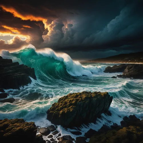 the ocean and the sky have some very intense colors,stormy sea,sea storm,seascape,seascapes,ocean waves,tidal wave,tempestuous,crashing waves,storm surge,rocky coast,sea landscape,emerald sea,big wave