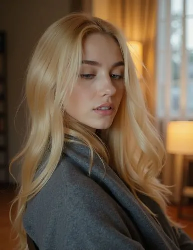 An oil paint of a beautiful caucasian young woman with long blonde hair sitting on a chair in a living room. She is wearing a gray wool jacket and has her eyes closed. The background features a large 