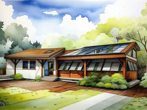 drawing a house with a painted background and sky,house in the forest,grass roof,mid century house,smart house,forest house,house drawing,modern house,wooden house,house roof,frame house,roof landscap