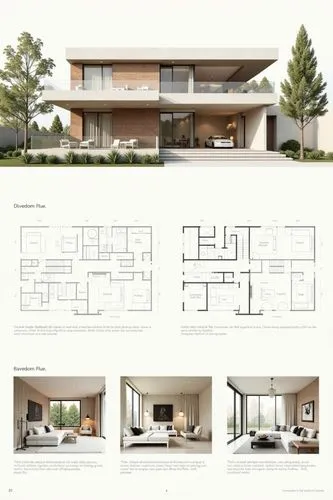 A professional architectural presentation board with a Pure background and a clean, minimalist design layout. The board includes:
Top Section: On the top left, a photorealistic render of a contempora