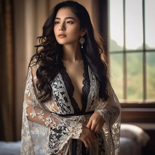 A young woman poses indoors, exuding elegance and confidence. She is wearing a matching set of black lace lingerie, featuring intricate floral patterns. Over her shoulders, she drapes a sheer, white l