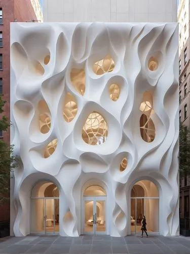 A large white building is decorated with a pattern of abstract white shapes on the wall, in the middle of the street, in the style of flowing fabrics, wavy resin sheets, nyc explosion coverage, arched